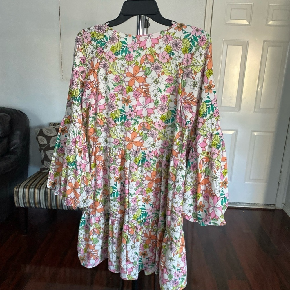 CeCe Floral Printed Lace-Up Tiered Dress S XS Balloon Sleeve Lined boho  W-21 - Picture 2 of 8